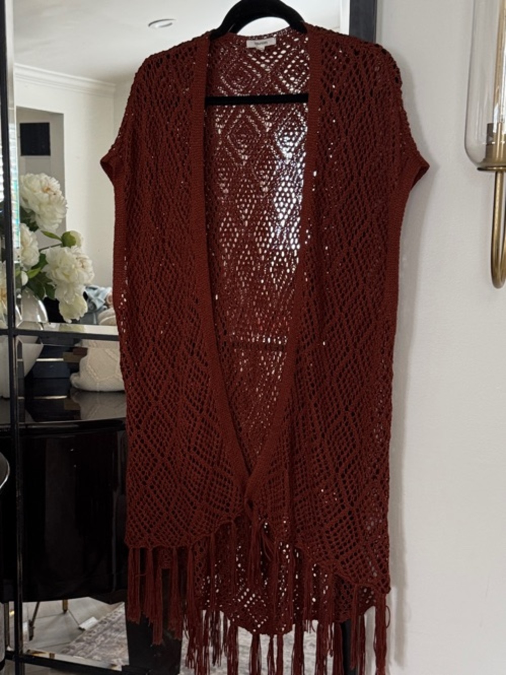 Maurices Open-Knit Fringe Cardigan in Rust Brown